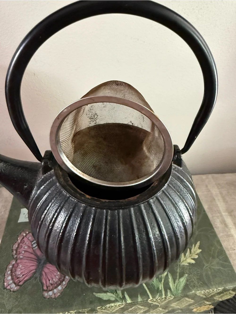 Black Cast Iron Ribbed Teapot with Handle